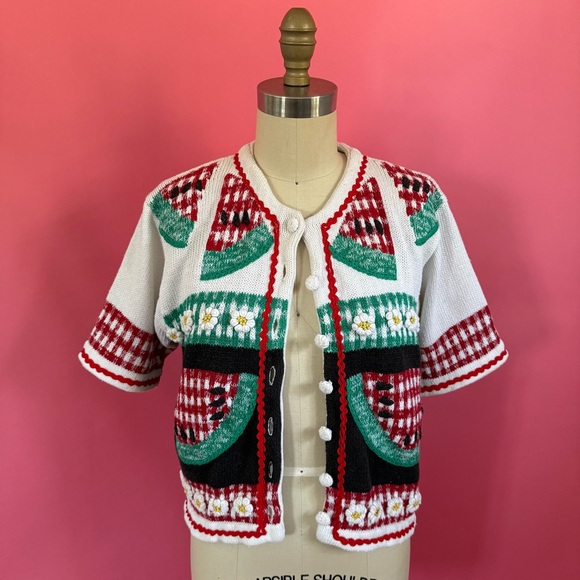 Vintage 80s/90s Watermelon Picnic CottageCore Knitted Short Sleeve Cardigan S - Picture 9 of 11